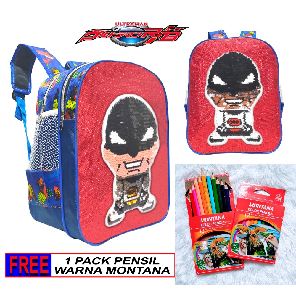 Tas Sekolah Anak Laki-Laki PAUD/TK Ransel Sequin/Usap karakter ULTRAMAN FREE PENSIL WARNA 1 PACK