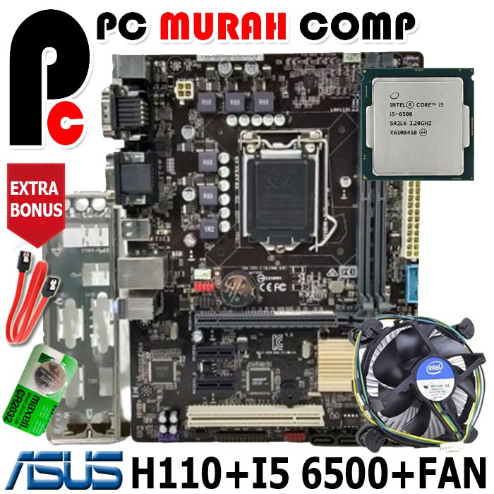 PAKET MOTHERBOARD MAINBOARD INTEL LGA 1151 H110 ASUS + I5 6500 + RAM + FAN INTEL