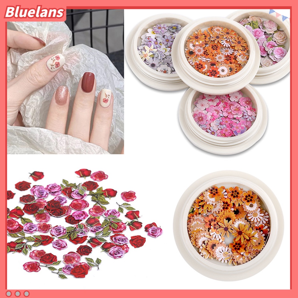 Bluelans 50 Pcs / Box Stiker Patch Kuku Motif Bunga Kering Bahan Bubur Kayu Tahan Air Untuk Wanita