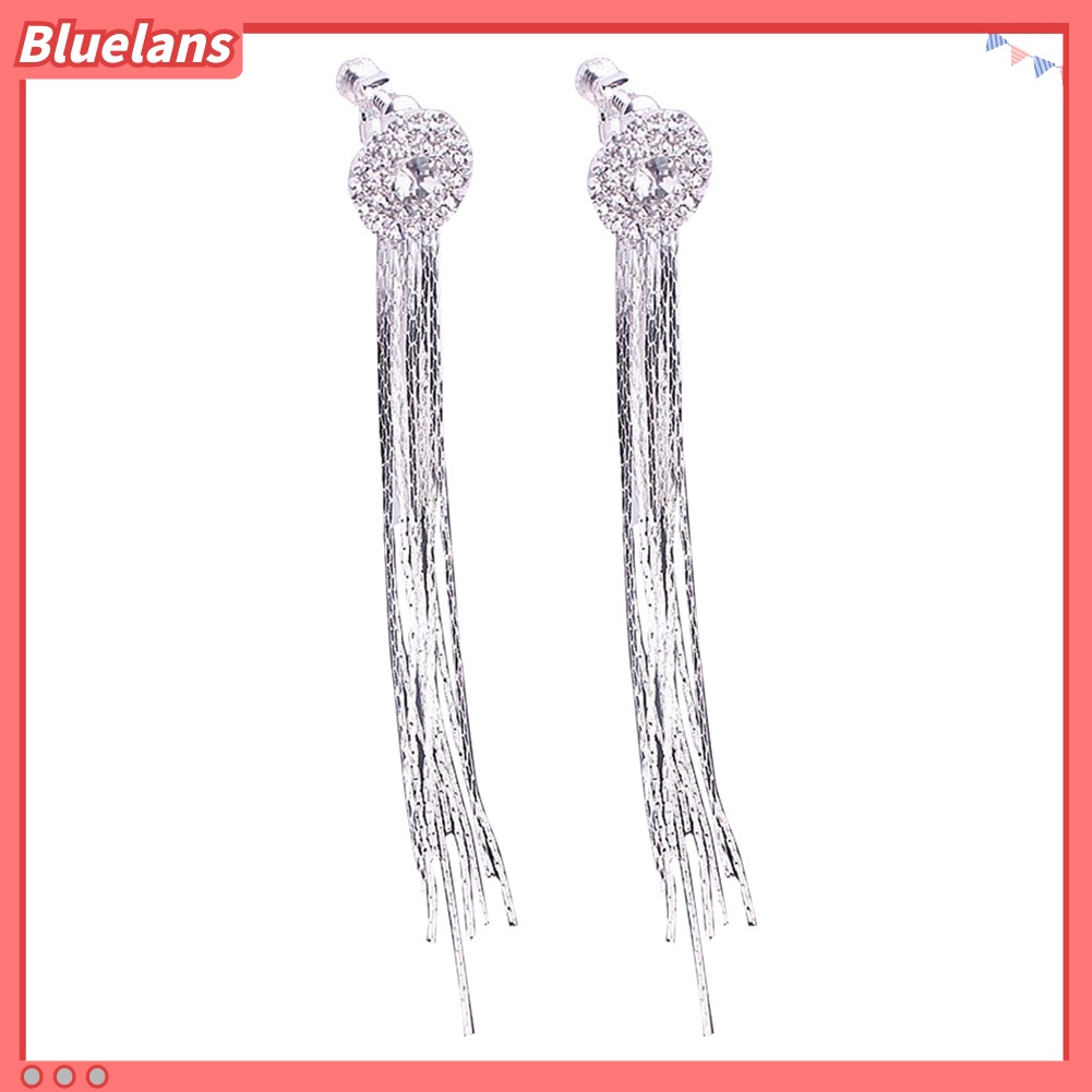 Bluelans Anting Tusuk Gantung Rumbai Panjang Hias Berlian Imitasi Untuk Pengantin Wanita