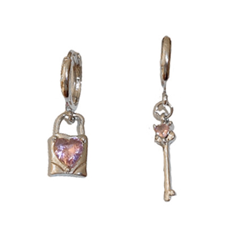 Anting Kait Gantung Asimetris Desain Kunci Hati Hias Zircon Untuk Wanita