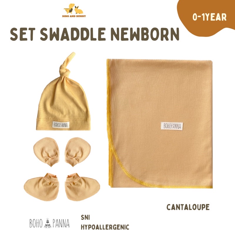 SET SWADDLE +  KNOT HAT + MITTEN BOOTIES + FREE POUCH - Special Bundle 3 in 1 - Bohopanna -Hempers Newborn Set Bedong Topi Sarung Tangan Kaki Bayi - Selimut Bayi