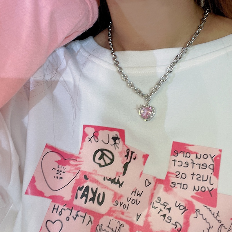 Kalung Rantai Choker Liontin Hati Kristal Warna Pink Untuk Wanita