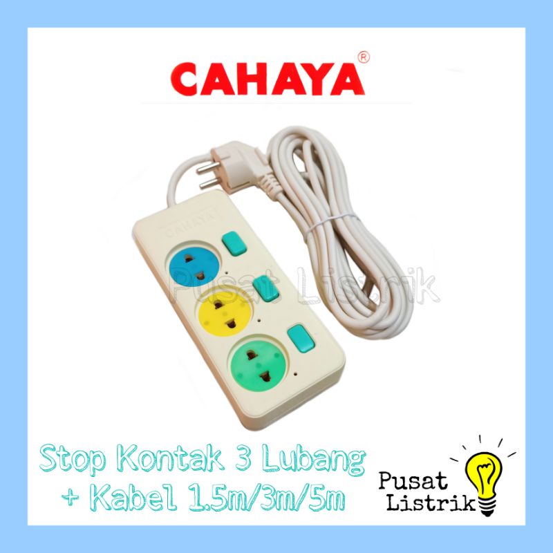 Stop Kontak 3Lubang+Kabel 1.5M, 3M, 5M Cahaya Kuningan OnOff Indikator