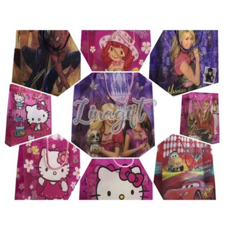 TAS PLASTIK KARAKTER / SHOPPING BAG CHARACTER PLASTIC HANNAH MONTANA NATAL MICKEY MOUSE FLOWER PRINCESS HAPPY BIRTHDAY