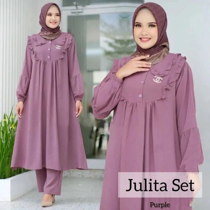 [BISA COD] Setelan Wanita JULITA dan MADONNA set kancing | one set Tunik long | Crinkle airflow kera