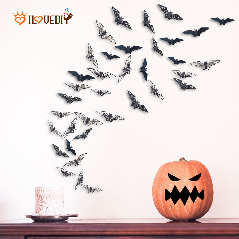 12pcs / set Stiker Dinding 3D Desain Kelelawar Hollow Bahan Kertas Warna Hitam Untuk Dekorasi Halloween