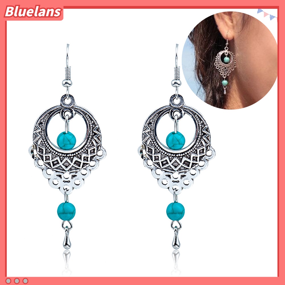 Bluelans Boho Women Turquoise Bead Dangle Hollow Charm Hook Earrings Wedding Jewelry