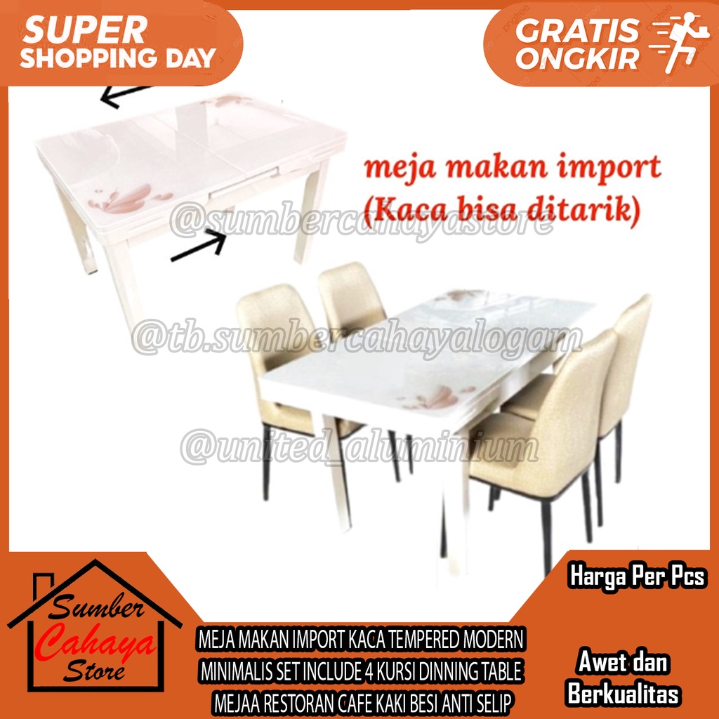 MEJA MAKAN IMPORT 4 KURSI DINNING TABLE KACA TEMPERED MODERN MINIMALIS SET INCLUDE RESTORAN RESTO CA