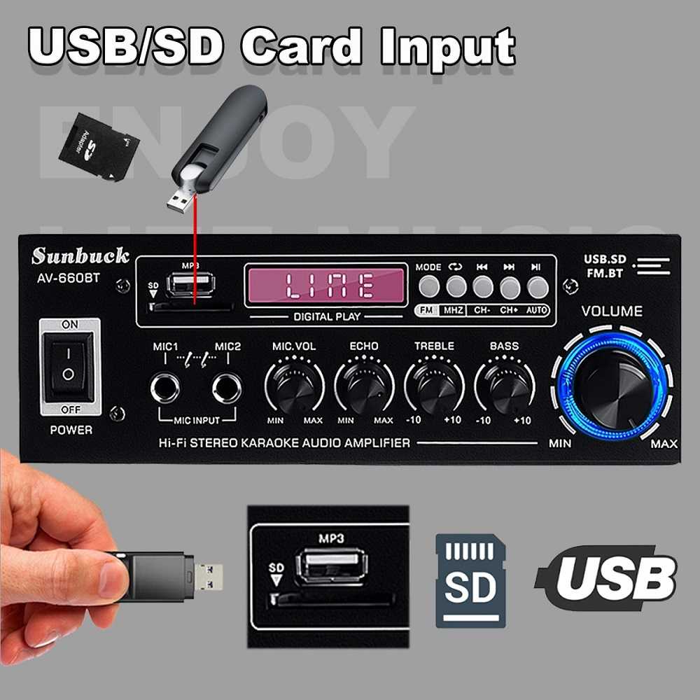 (COD / Bayar Di Tempat) Sunbuck Ampli Karaoke Equalizer Bluetooth Stereo Amplifier Treble Bass Booster 2000 Watt AV-660BT