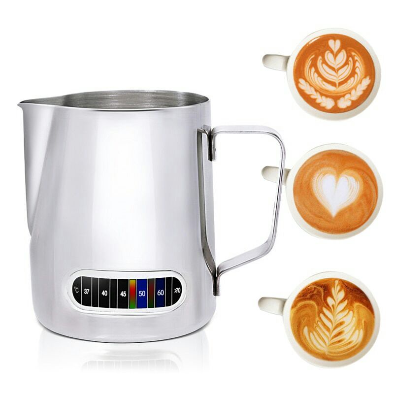 Teko Kopi Milk Jug Espresso Latte Art Stainless Steel 580ml + Thermometer L-2016 Silver