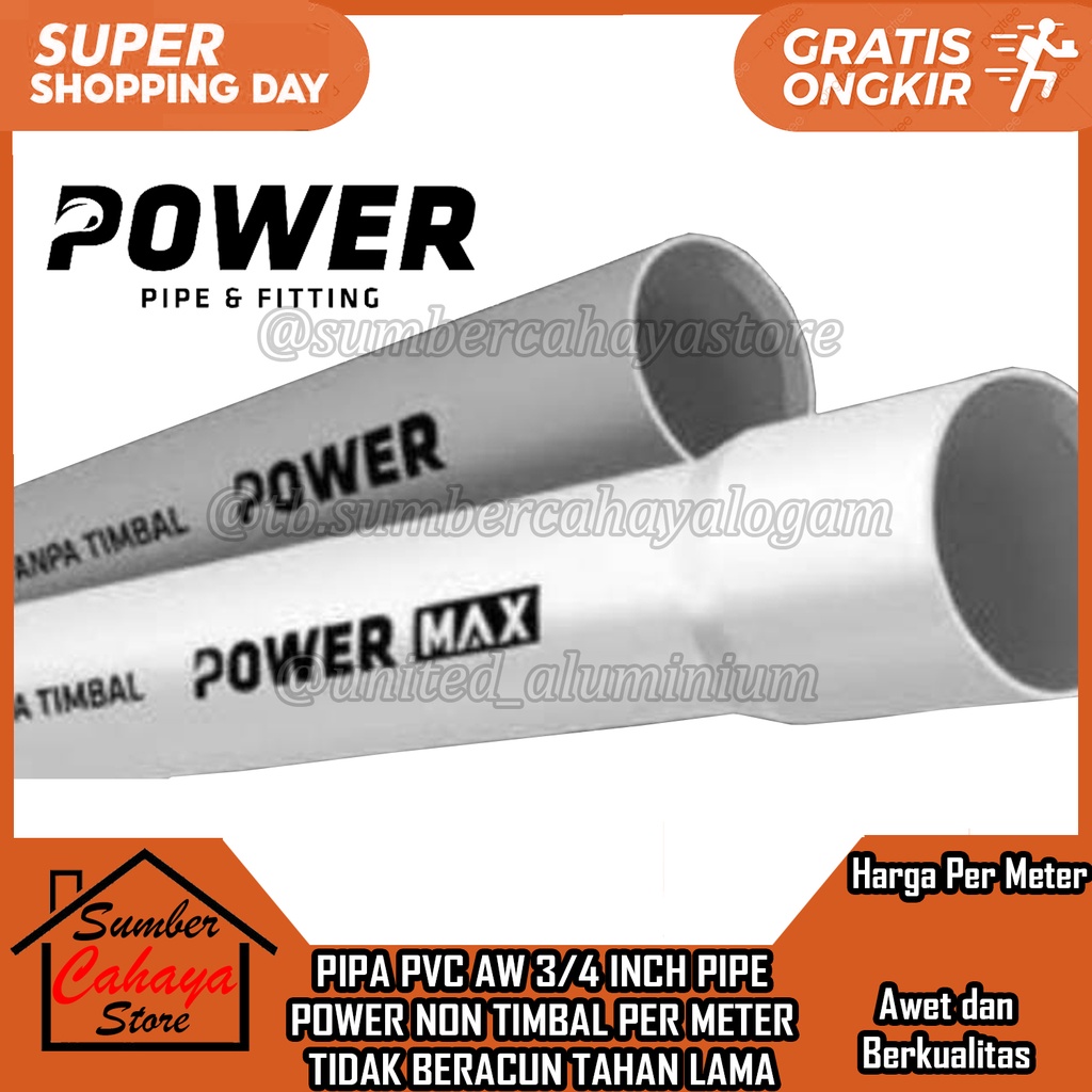 PIPA PVC AW 3/4 Inch PUTIH ABU POWER NON TIMBAL PER 1 Meter Paralon Pralon 3/4" In Inci Inchi TIDAK 