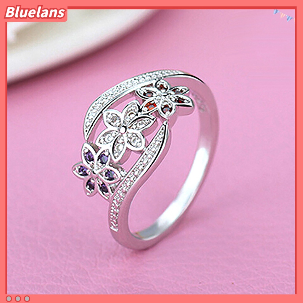 Bluelans Ring Silver Plated Flowers Design Cubic Zirconia Inlaid Shiny Fashion Women Ring