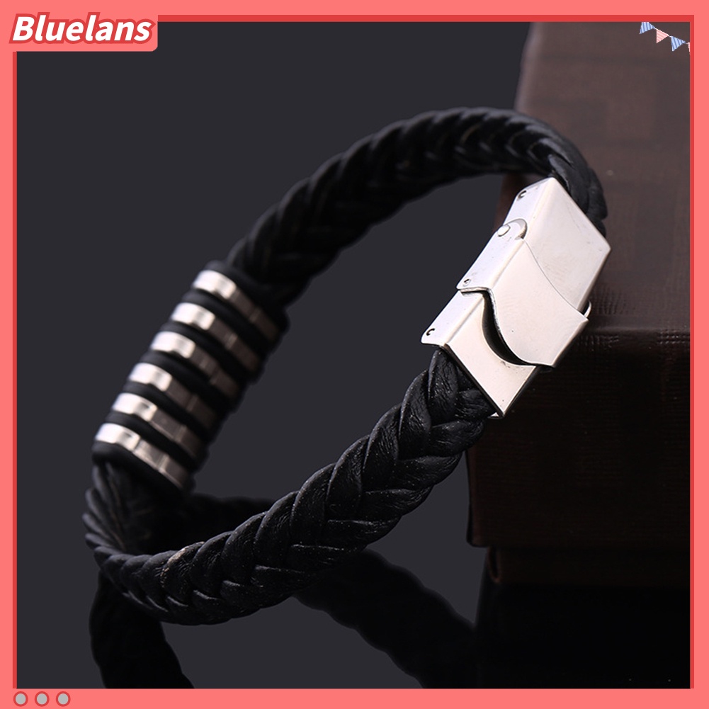 [bluelans]Braided Faux Leather Wristband Titanium Steel Men Bracelet Punk Bangle Jewelry