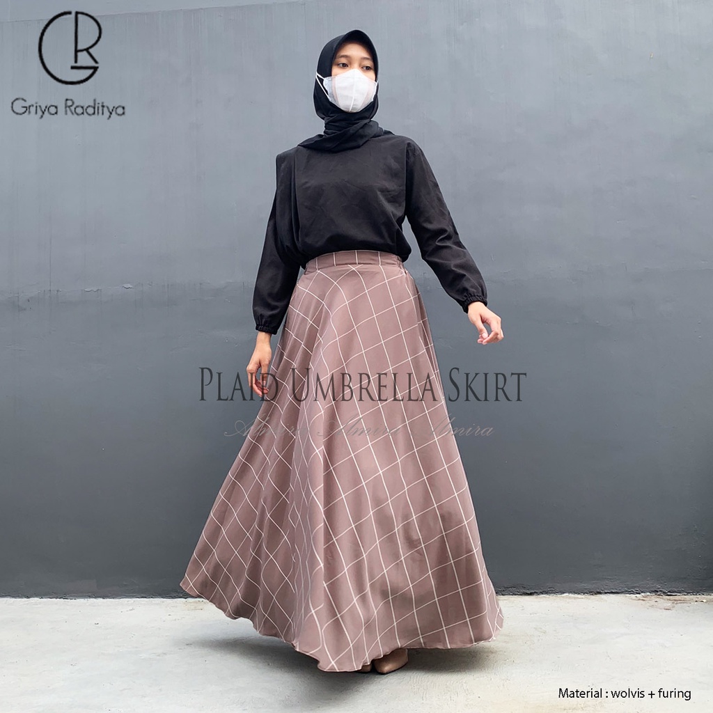 Rok Tartan Motif Kotak Panjang Model Payung Lebar Wanita  Muslimah  Plaid  Umbrella Skirt