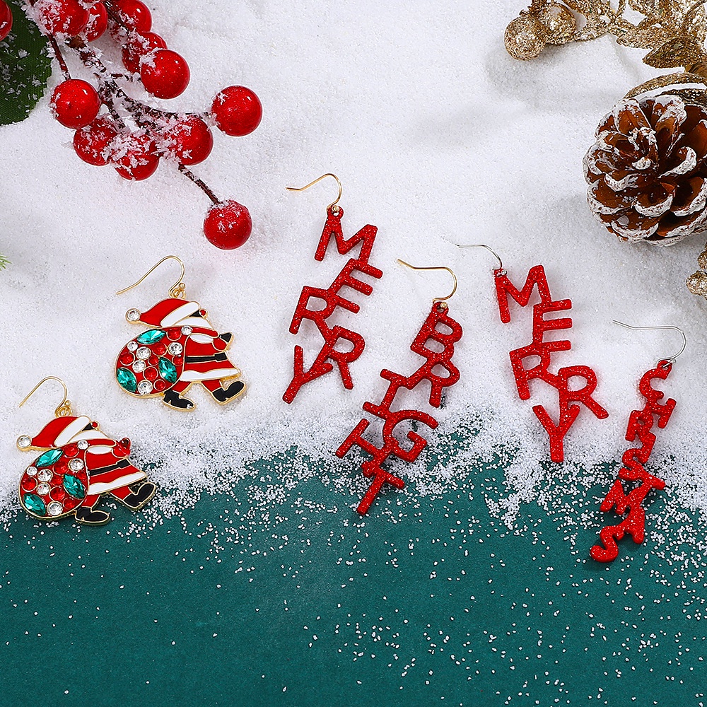 Mhang Anting Tusuk Gantung Panjang Wanita Desain Pohon Natal / Sinterklas / Huruf Inggris Gaya Korea
