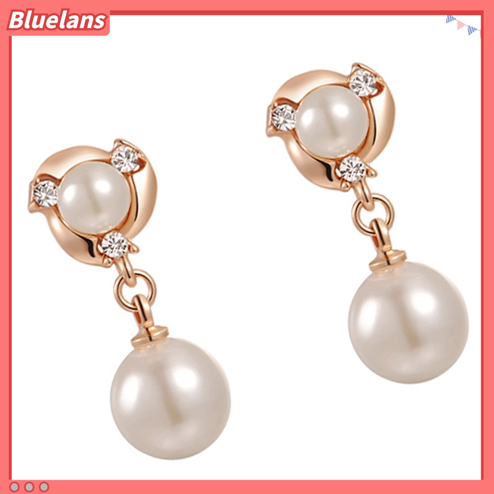 Bluelans Anting Tusuk Lapis Emas 9K Hias Kristal Mutiara Imitasi Untuk Wanita