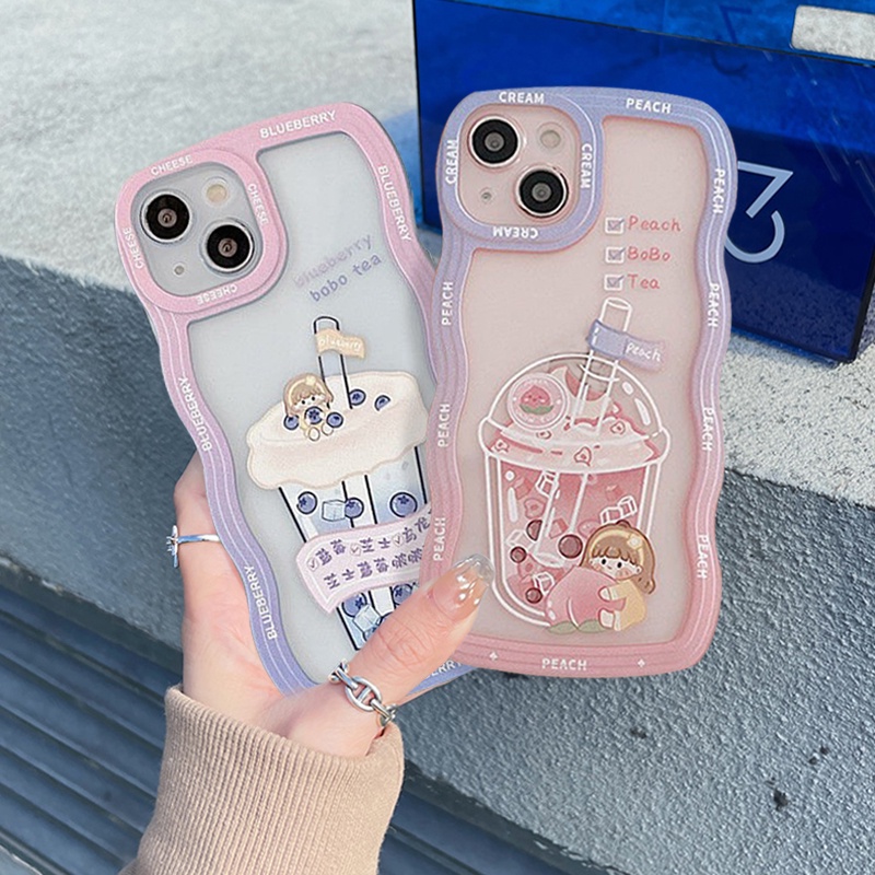 Casing Pinggiran Bergelombang Gradasi OPPO A17 A7 A5s A57 2022 A15 A12 A15s A54 A53 2020 A16 A17K A3s A12E A11K A16s A35 A32 Musim Panas Segar Teh Susu Air Berkilau Bumper Shockproof Soft Cover