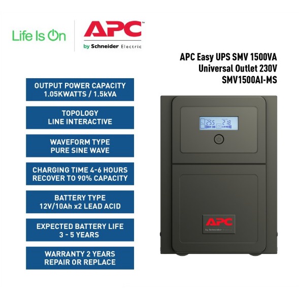 UPS APC Easy UPS SMV 1500VA 1050W Sinewave 230V SMV1500AI-MS