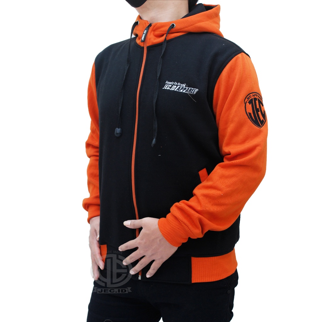 Jaket Sweater Hoodie Zipper Jec Apparel Premium Orange Hitam