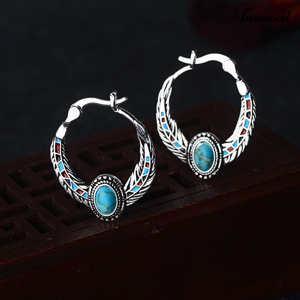 Anting Juntai Bentuk Bulu Aksen Turquoise Imitasi Gaya Vintage Untuk Wanita