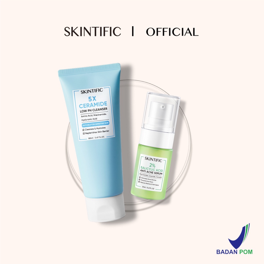 SKINTIFIC Set - 5X Ceramide Low pH Cleanser 80g Face Wash Sabun Cuci Muka + SKINTIFIC 2% Salicylic Acid Anti Acne Serum 20ml Totol Jerawat