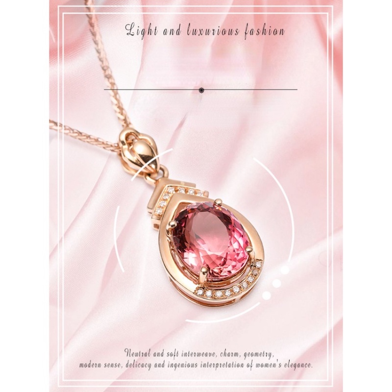 Goldkingdom Fashion Perhiasan 24 K Bangkok Aksesoris Ready Stock Brasil Merah Tourmaline Liontin 18 K Rose Gold Kalung Perempuan Permata Emas Asli Kadar 375 Berlian