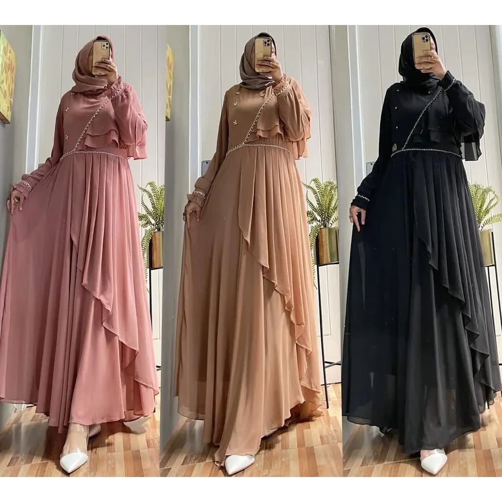 Gamis Putih Wanita Terbaru 2022 Febria Dress Ceruty Babydoll Aksen Mutiara Payet Baju Kondangan Wanita Kekinian Gaun Pesta Muslimah