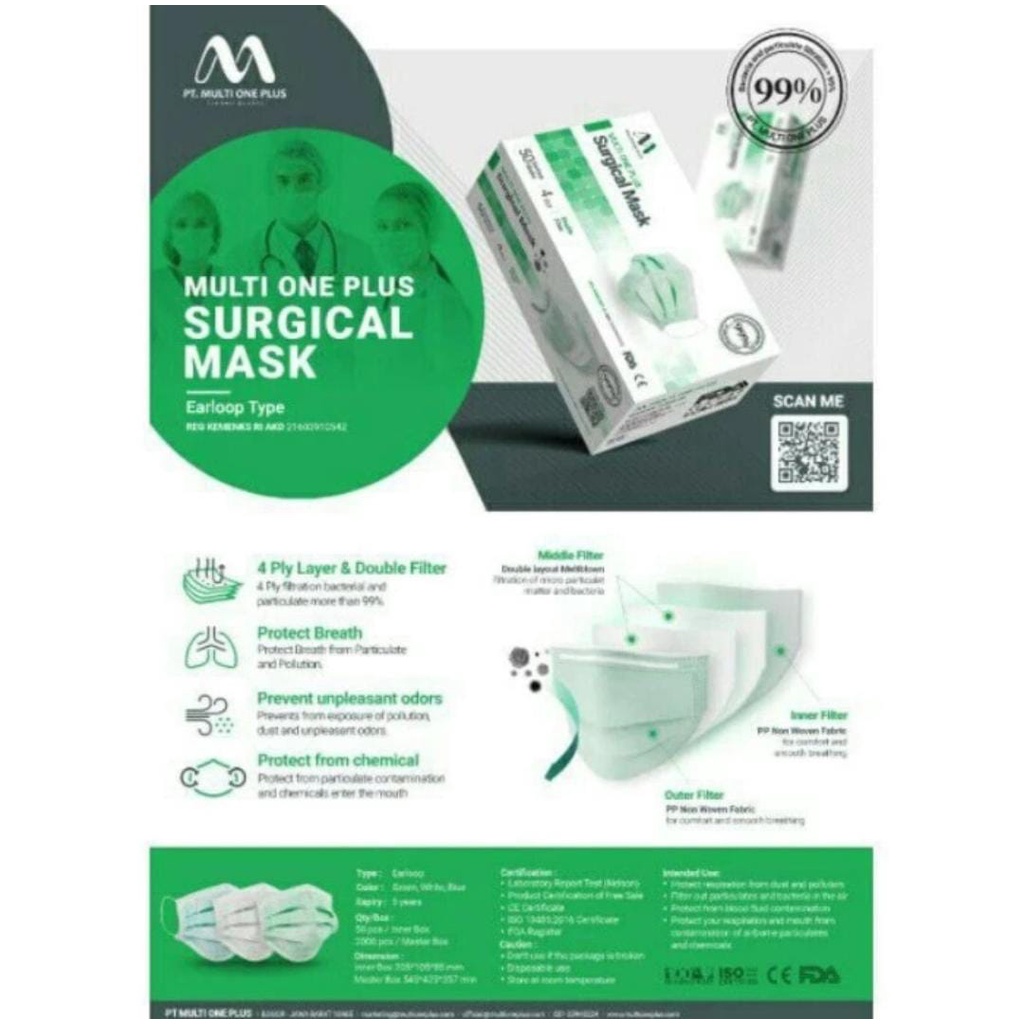 Multi One Plus 4ply Earloop Surgical Mask warna Hijau isi 50pcs