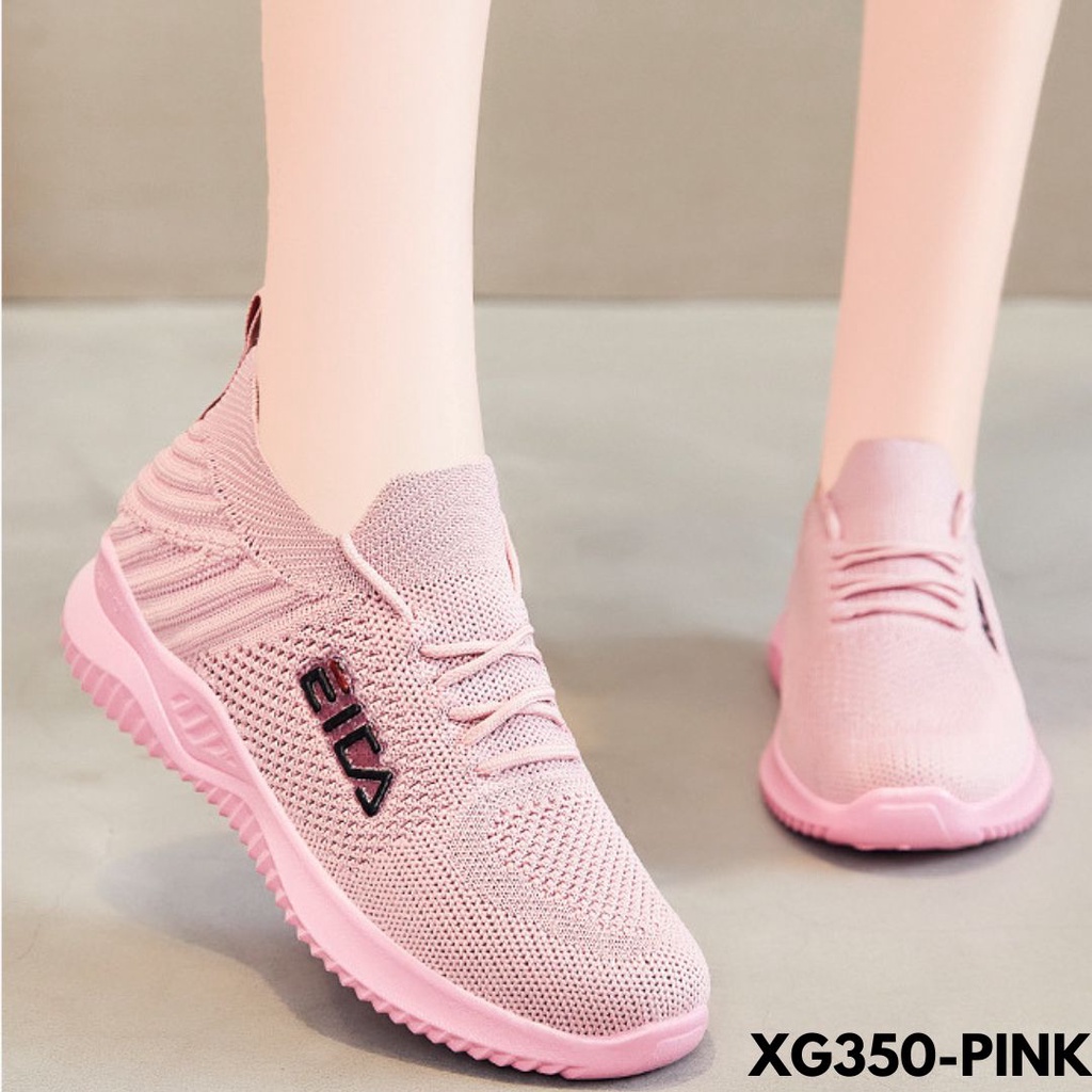 SEPATU SNEAKERS WANITA PRAKTIS WARNA HITAM PUTIH PINK CAKEP BANGET BAHAN FLYKNIT IMPORT G350