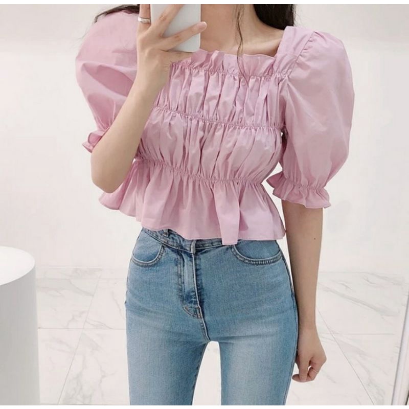 ATASAN CROP TOP LILAC SMOCKED SQUARE NECK TANGAN BALON KOREA