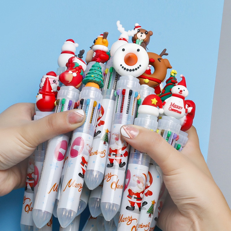 1pcs/lot Lucu Natal Santa Claus 10warna Bolpoin Kawaii Ditarik Rollerball Pen Hadiah Alat Tulis Kantor Sekolah