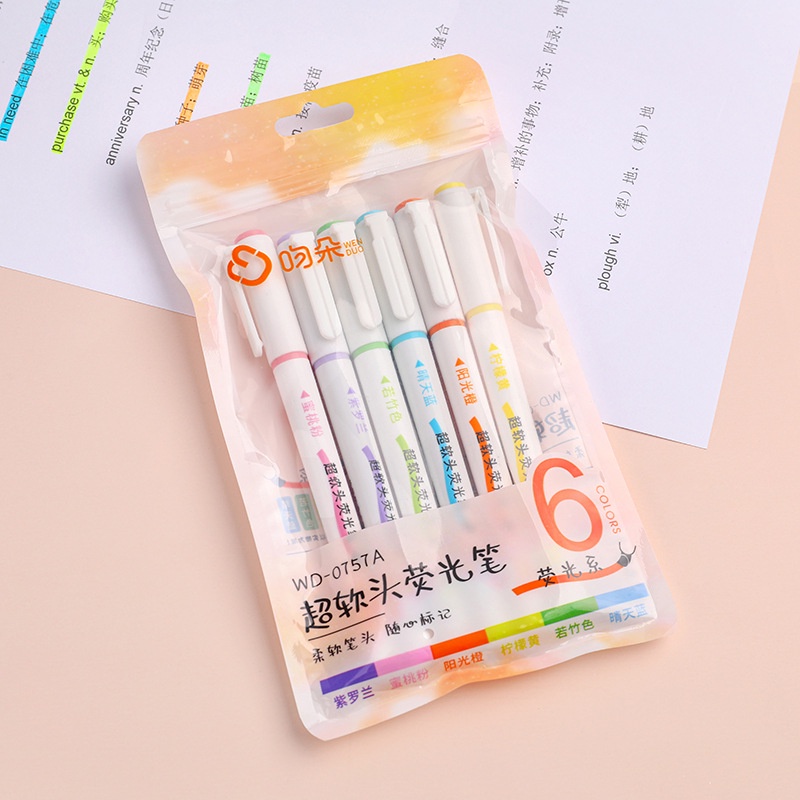 6pcs/pack Multicolor Soft Head Fluorescent Pen Student Key Point Marking Pen Alat Tulis Kantor Sekolah Supply