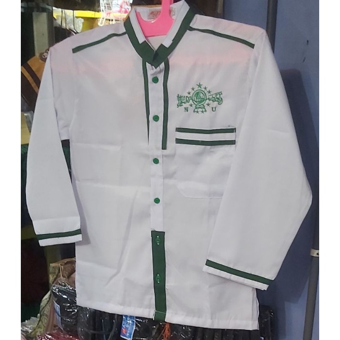 Baju koko NU putih bordir hijau halus tanggung anak anak  remaja