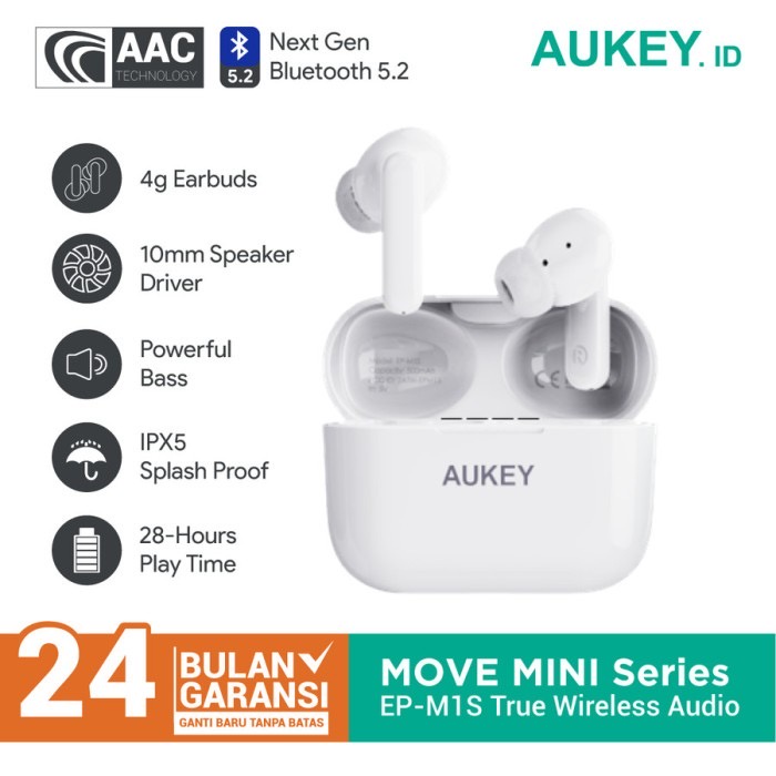 Aukey Earphone Bluetooth TWS Move Series Mini S With BT 5.2 IPX5 - SKU : 501421 / 501422 / 501423 / 501424 - EP-MIS - Garansi Resmi 2 Tahun