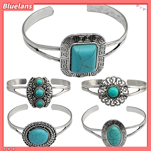 Gelang Model Terbuka Desain Geometris Turquoise Gaya Retro Untuk Wanita