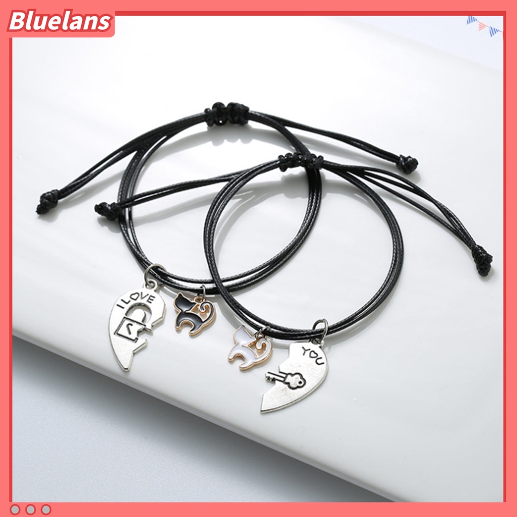 2pcs Gelang Tali Kepang Adjustable Bentuk Kucing Hati Untuk Pasangan