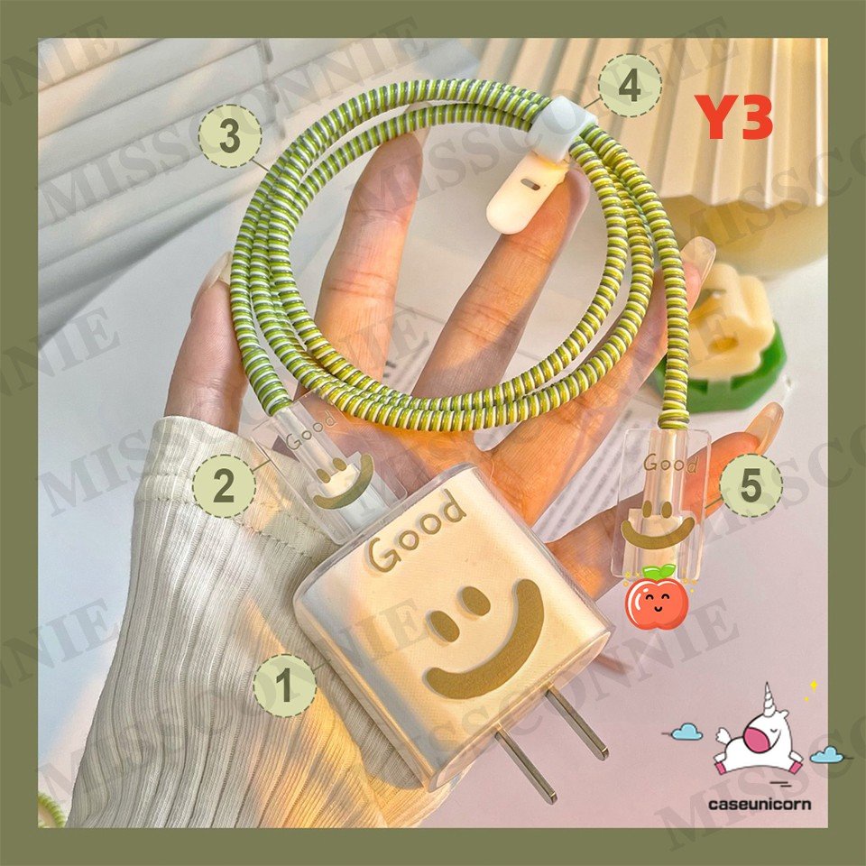 5 In 1 Set Pelindung Kabel Data / Charger + Pelindung Layar TPU Motif Smiley Face Untuk Apple 18 / 20W