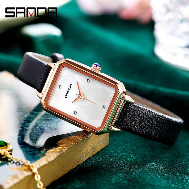 BAHAN HALUS SANDA P1049 Jam Tangan Wanita Analog Tali Kulit Stainless Steel Quartz