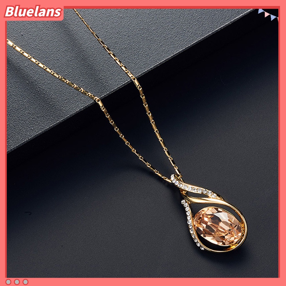 Bluelans Women Rhinestone Oval Faux Quartz Pendant Ear Stud Earrings Necklace Jewelry Set