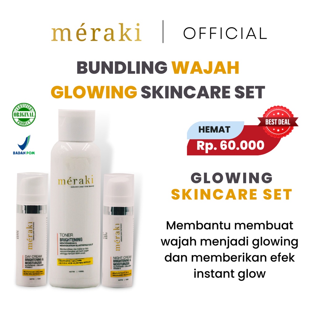 [𝐂𝐥𝐞𝐚𝐫𝐚𝐧𝐜𝐞 𝐒𝐚𝐥𝐞] Meraki Skincare - Paket Wajah Glowing [Toner, Day & Night Cream]