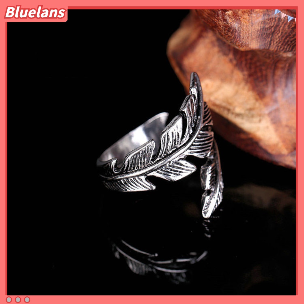 2pcs Cincin Model Terbuka Bentuk Bulu Antik Warna Silver Gaya Retro Untuk Pria Dan Wanita