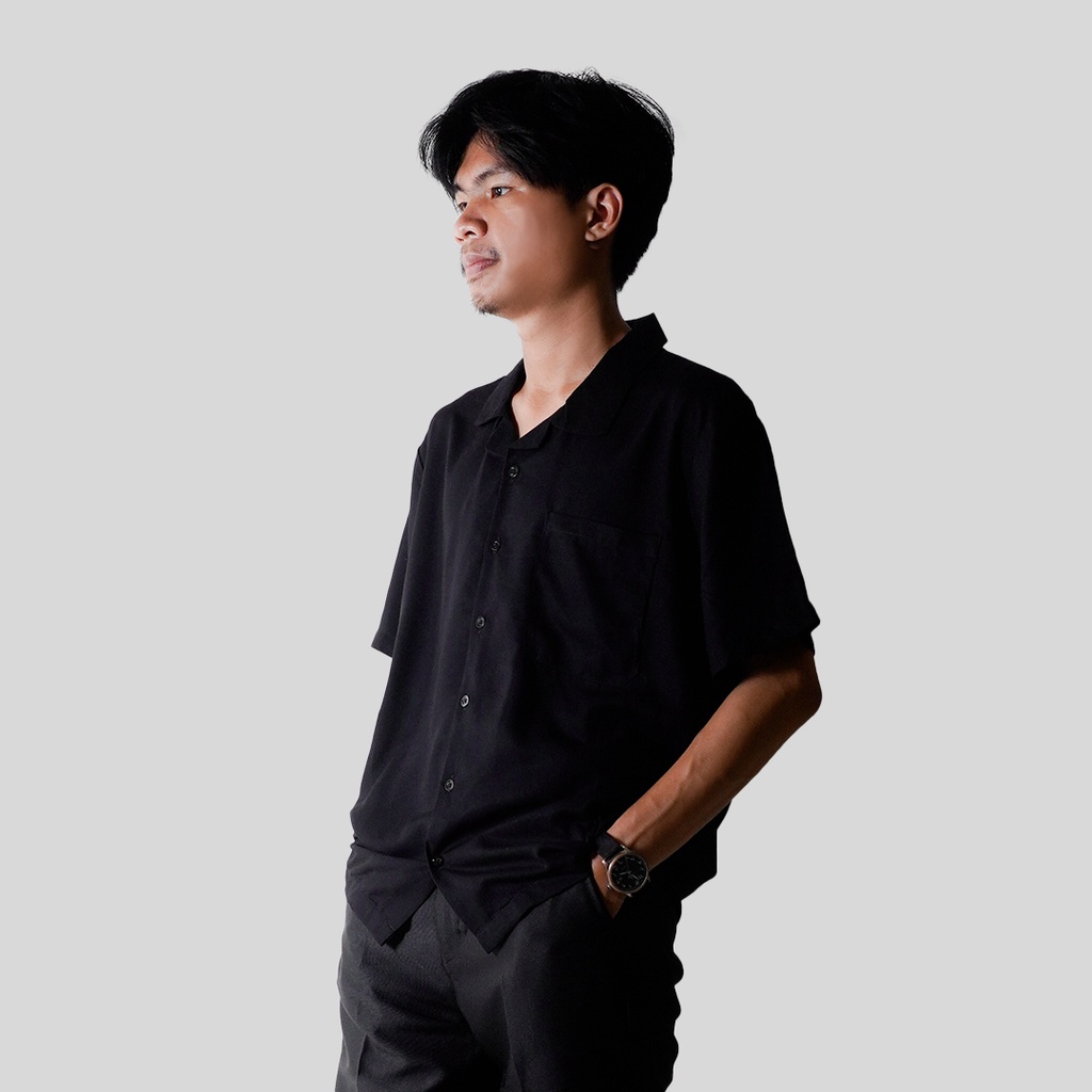 Prodigo * Losari Black Kemeja Lengan Pendek Polos hitam Pria Modern Hawai