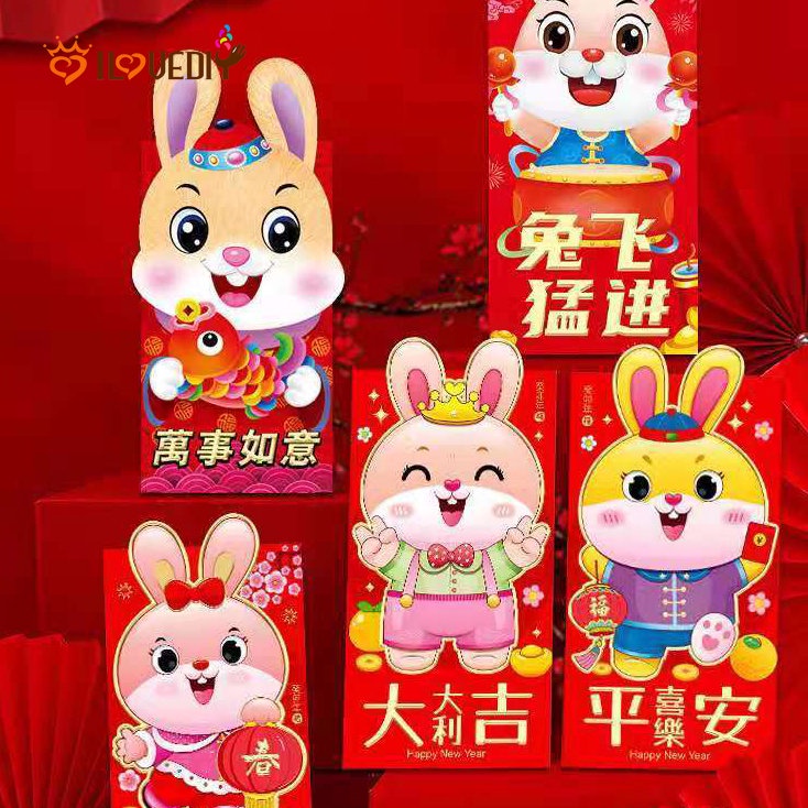 6pcs Amplop Angpao Tahun Baru Cina / Imlek 2023 Motif Kartun Kelinci Warna Merah Untuk Anak