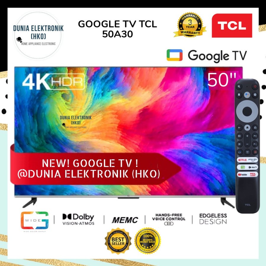 LED TV TCL 50A30 A30 GOOGLE TV 50 INCH 50" SMART TV 50 INCH 4K UHD WCG