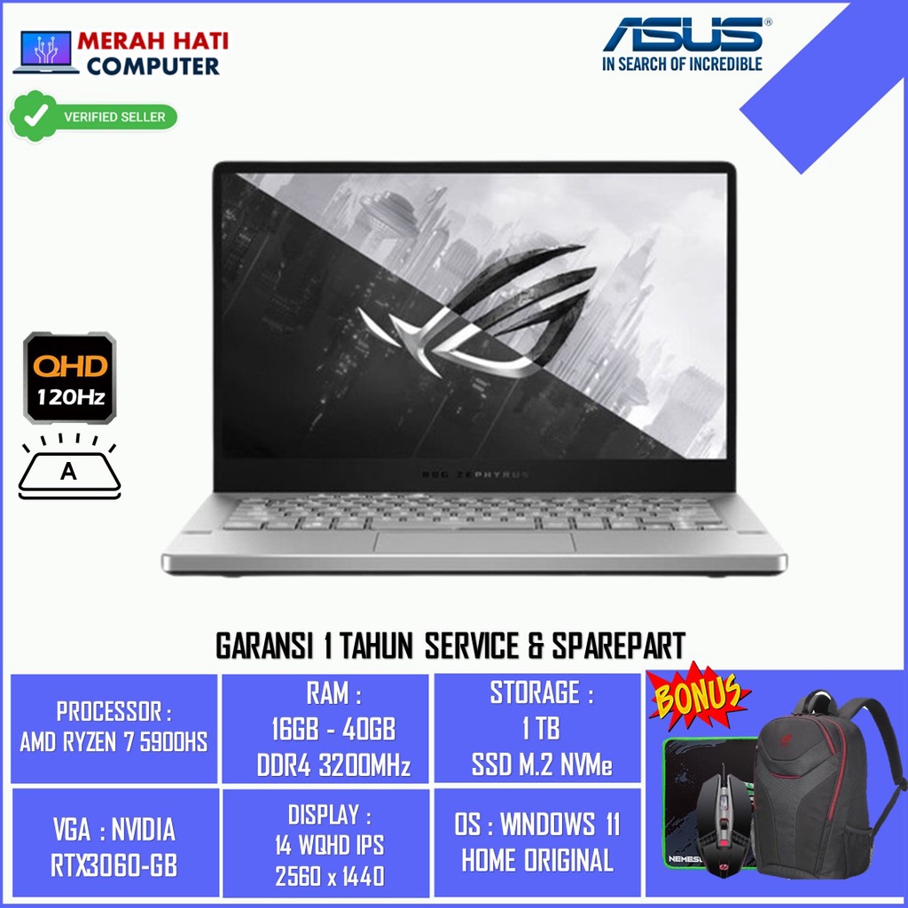 Laptop Gaming Asus Rog Zephyrus G14 GA401QM Amd Ryzen 9 5900HS RAM 32GB SSD 1TB BACKLIT RTX3060 6GB 