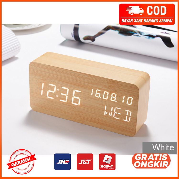 Jam Weker Alarm Motif Kayu Digital Voice Control