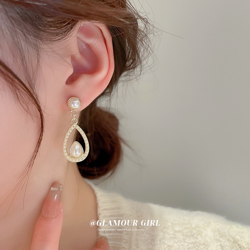 Anting Silver Needle Bentuk Water Drop Aksen Mutiara Gaya Perancis Untuk Wanita