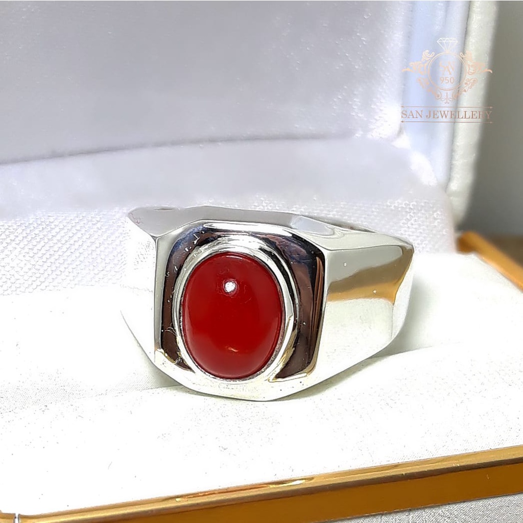Cincin Pria Perak 925/950 Asli Ikat Batu Mulia Akik Permata Natural Red Baron EB102 | San950