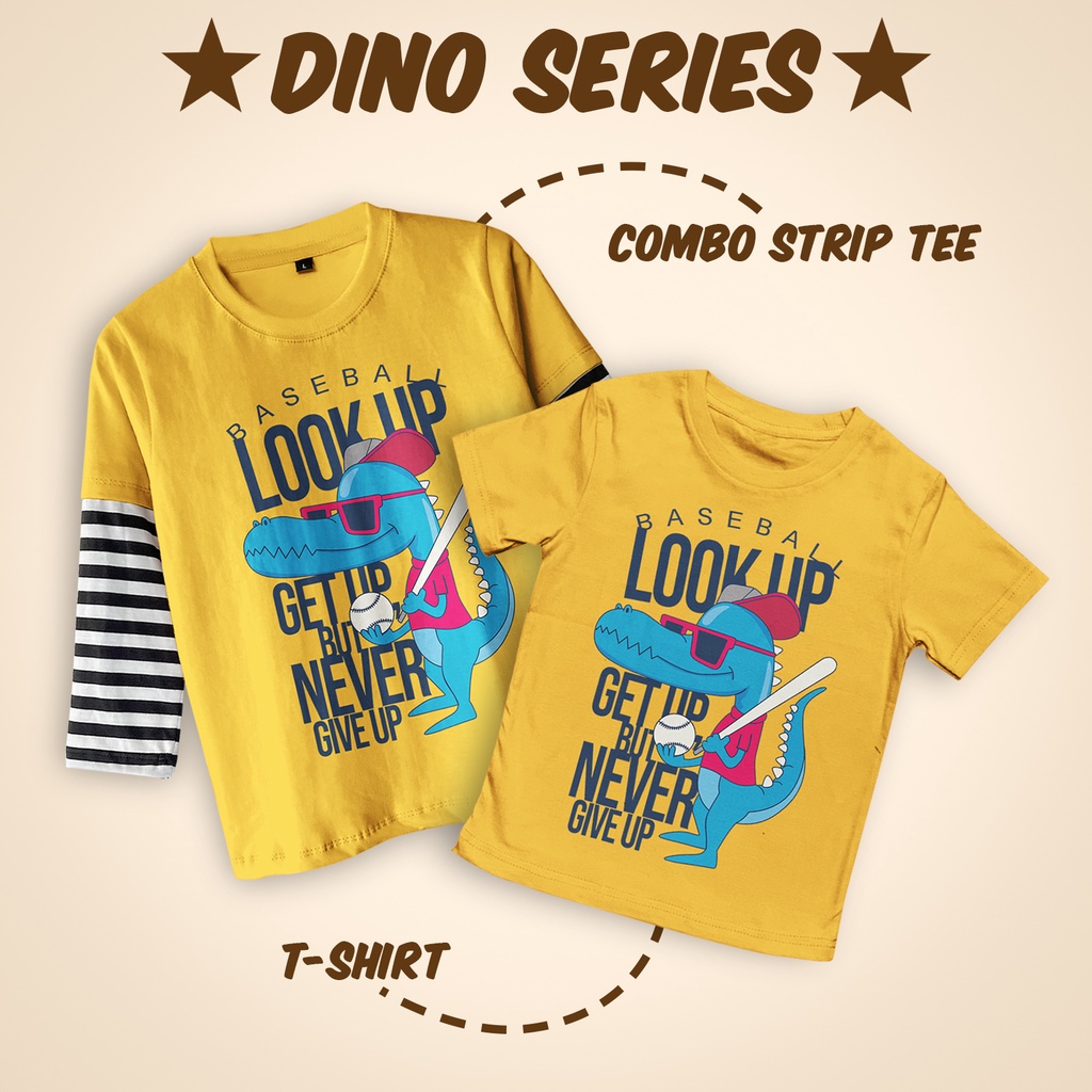 Kaos Anak Terbaru Lengan Sambung Strip Tshirt Anak Unisex Motif Dino Baseball